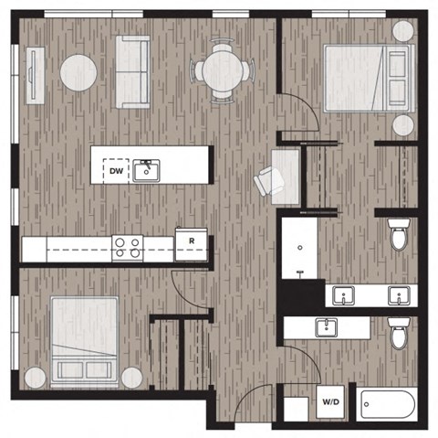 2 bed 2 bath floor plan D at Riverfront Everett, Everett, Washington